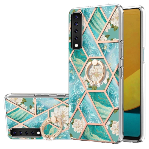 

For LG Stylo 7 Electroplating Splicing Marble Flower Pattern TPU Shockproof Case with Rhinestone Ring Holder(Blue Flower)