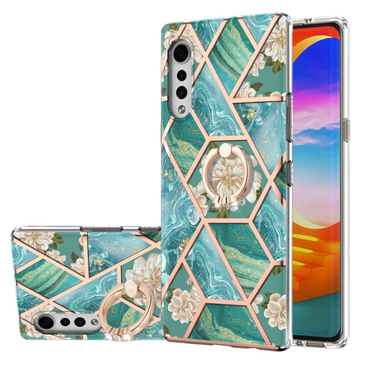 

For LG Velvet Electroplating Splicing Marble Flower Pattern TPU Shockproof Case with Rhinestone Ring Holder(Blue Flower)