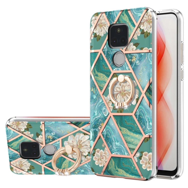 

For Motorola Moto G Play (2021) Electroplating Splicing Marble Flower Pattern TPU Shockproof Case with Rhinestone Ring Holder(Blue Flower)