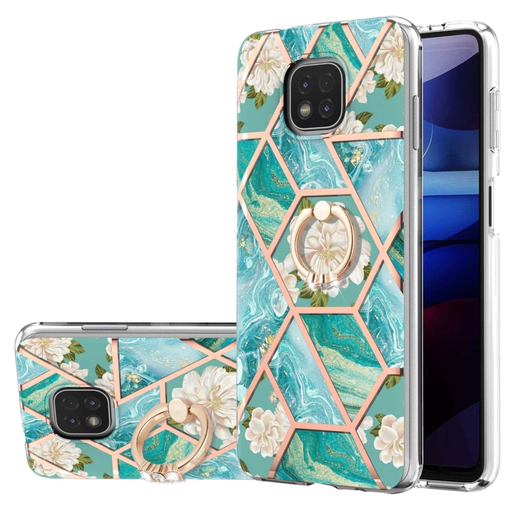 

For Motorola Moto G Power (2021) Electroplating Splicing Marble Flower Pattern TPU Shockproof Case with Rhinestone Ring Holder(Blue Flower)