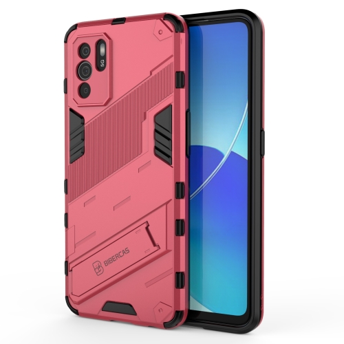 

For OPPO Reno6 Z Punk Armor 2 in 1 PC + TPU Shockproof Case with Invisible Holder(Light Red)