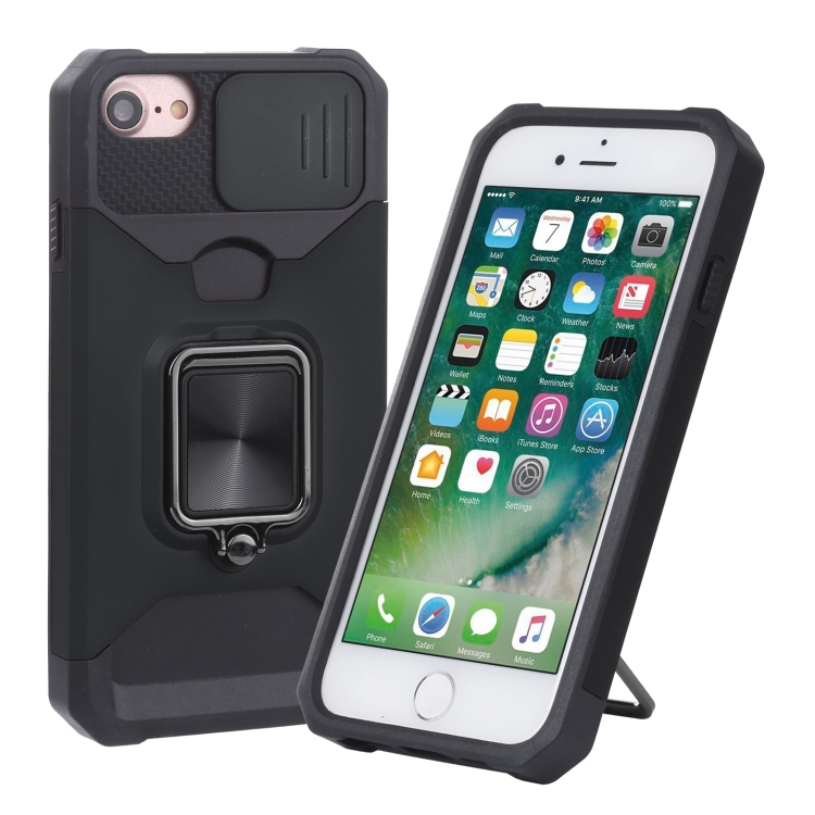 

Sliding Camera Cover Design PC + TPU Shockproof Case with Ring Holder & Card Slot For iPhone SE 2020 / 8 / 7 / 6s / 6(Black)