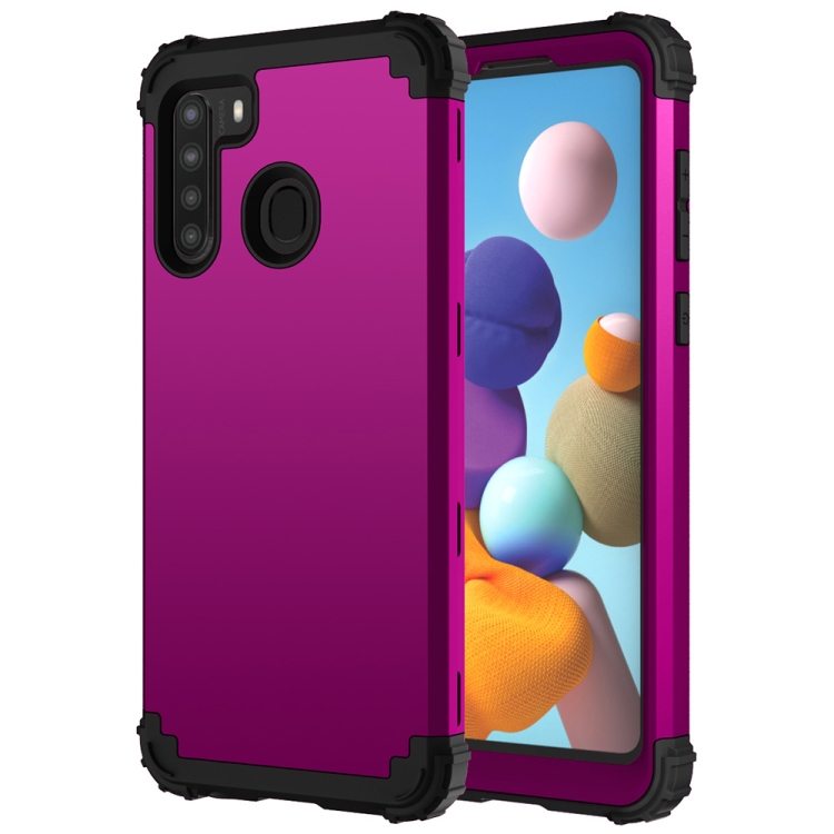 

For Samsung Galaxy A21 3 in 1 Shockproof PC + Silicone Protective Case(Dark Purple + Black)