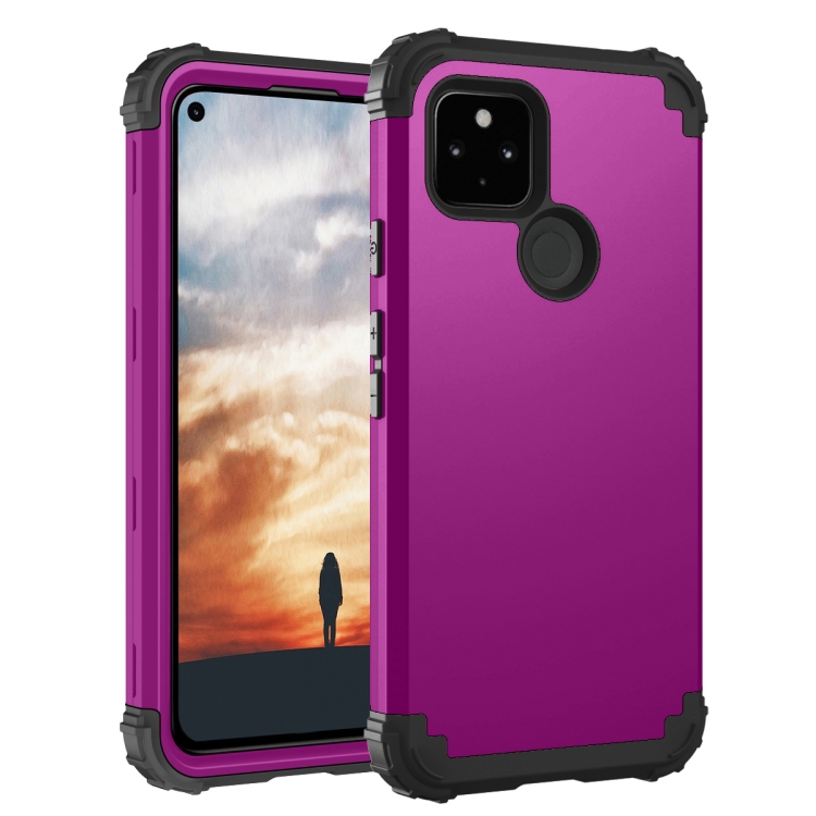 

For Google Pixel 5a 3 in 1 Shockproof PC + Silicone Protective Case(Dark Purple + Black)