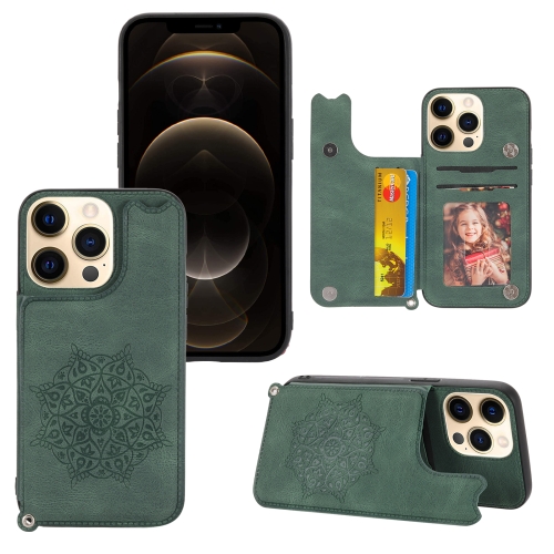 

Mandala Embossed PU + TPU Case with Holder & Card Slots & Photo Frame & Hand Strap For iPhone 13(Green)