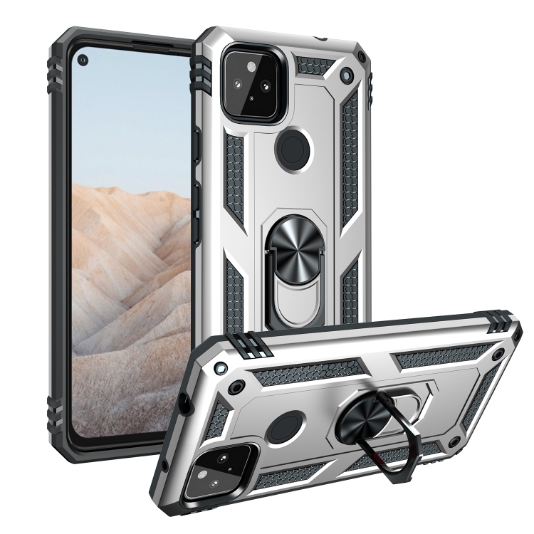 

For Google Pixel 5a 5G Shockproof TPU + PC Protective Case with 360 Degree Rotating Holder(Silver)