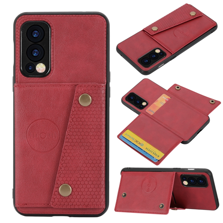

For OnePlus Nord 2 5G Double Buckle PU + TPU Shockproof Magnetic Protective Case with Card Slot & Holder(Red)