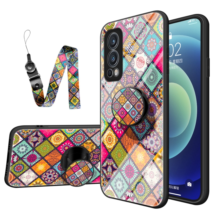 

For OnePlus Nord 2 5G Painted Ethnic Pattern Tempered Glass TPU Shockproof Case with Folding Magnetic Holder & Neck Strap(Colorful)