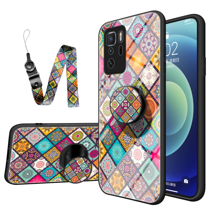 

For Xiaomi Redmi Note 10 Pro 5G Painted Ethnic Pattern Tempered Glass TPU Shockproof Case with Folding Magnetic Holder & Neck Strap(Checkered)