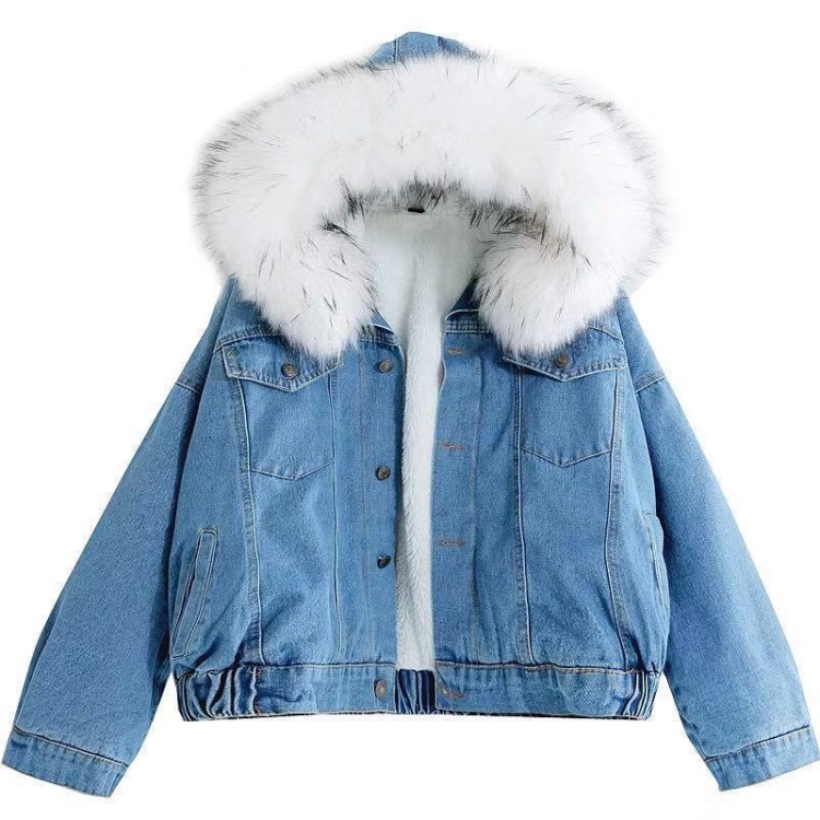 

Velvet Thick Denim Jacket Female Winter Big Fur Collar Locomotive Lamb Coat Female Student Short Coat, Size: S(White)