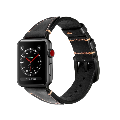 

For Apple Watch Series 5 & 4 44mm / 3 & 2 & 1 42mm Modern Style Buckle U Shaped Sewing Line Top-grain Leather Strap(Black)