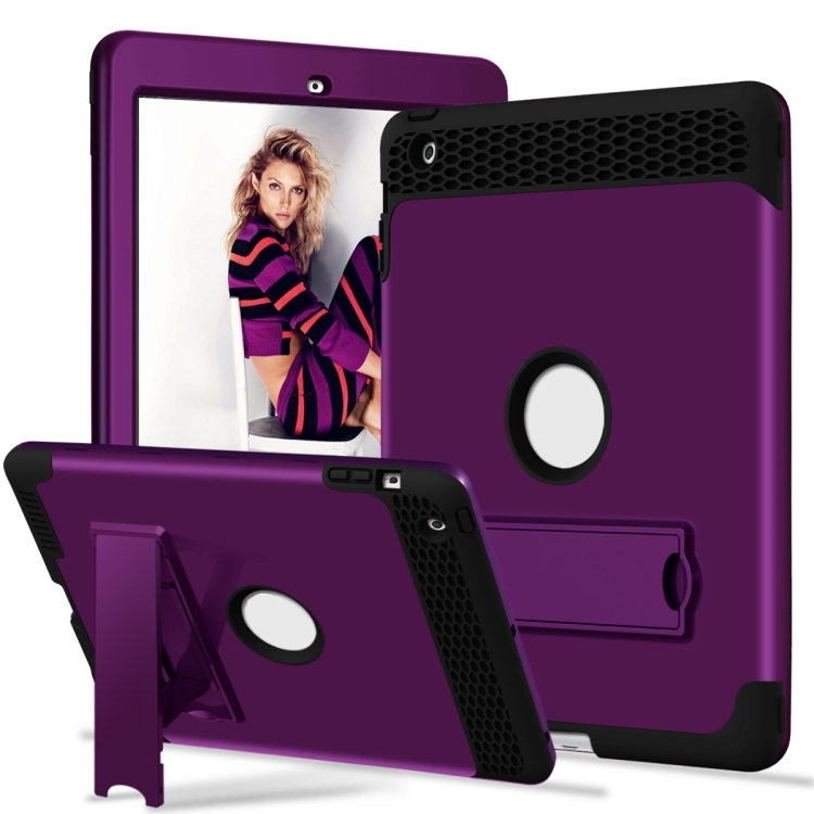 

3 in 1 Honeycomb Silicone + PC Shockproof Protective Case with Holder For iPad 4 / 3 / 2(Dark Purple + Black)