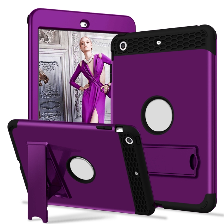

3 in 1 Honeycomb Silicone + PC Shockproof Protective Case with Holder For iPad mini 3 / 2 / 1(Dark Purple + Black)