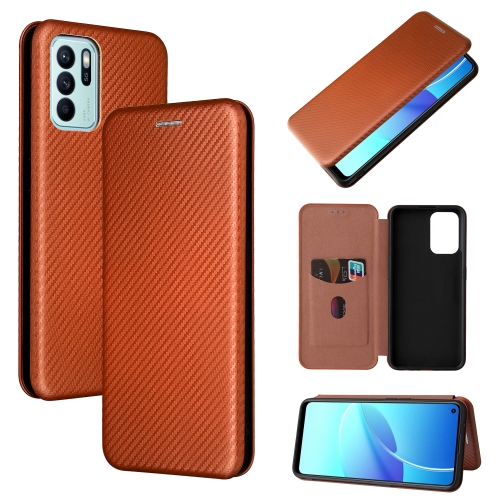 

Carbon Fiber Texture Magnetic Horizontal Flip TPU + PC + PU Leather Case with Card Slot For OPPO Reno6 Z(Brown)