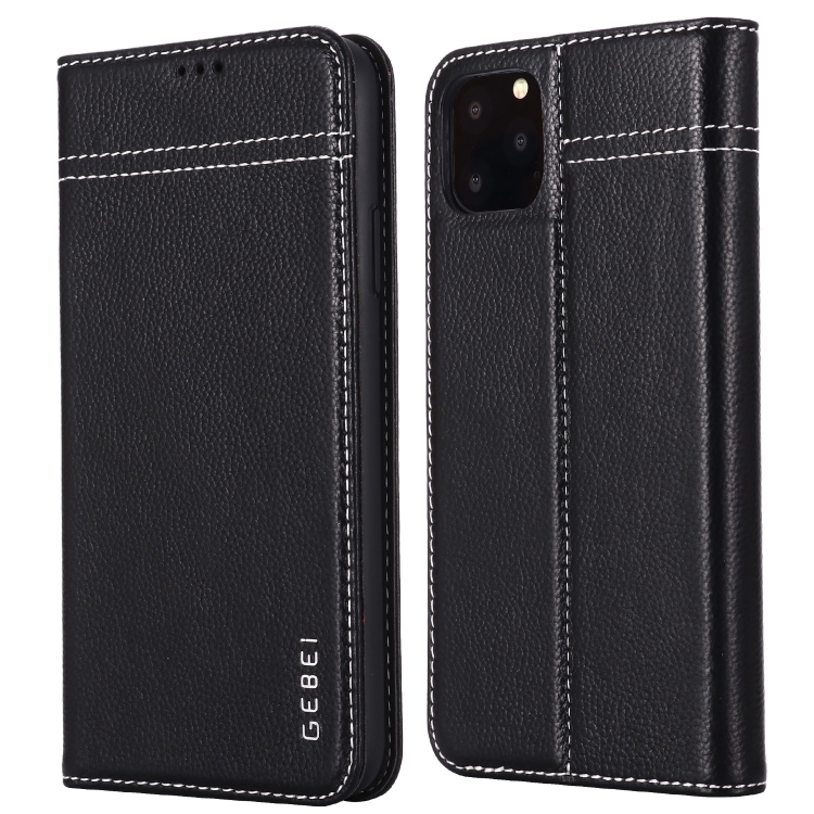 

For iPhone 11 Pro Max GEBEI Top-grain Leather Horizontal Flip Protective Case with Holder & Card Slots(Black)