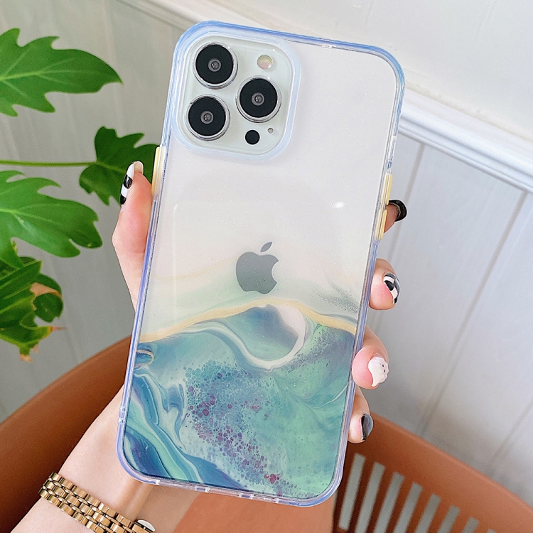 

Marble Pattern Glittery Powder Shockproof TPU + Acrylic Protective Case with Detachable Buttons For iPhone 13 Pro(Green)