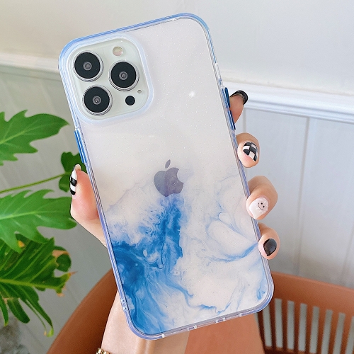 

Marble Pattern Glittery Powder Shockproof TPU + Acrylic Protective Case with Detachable Buttons For iPhone 13 Pro Max(Light Blue)