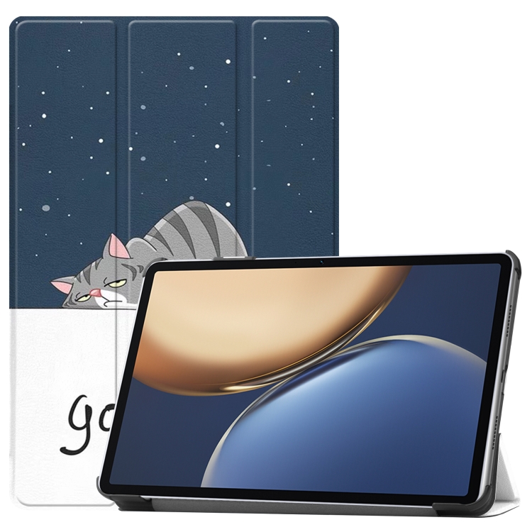 

For Honor Tablet V7 Pro Colored Drawing Pattern Horizontal Flip Leather Case with Three-folding Holder & Sleep / Wake-up Function(Lazy Cat)