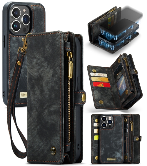 CaseMe-008 Detachable Multifunctional Horizontal Flip Leather Case with Card Slot & Holder & Zipper Wallet & Photo Frame For iPhone 13 Pro(Black)