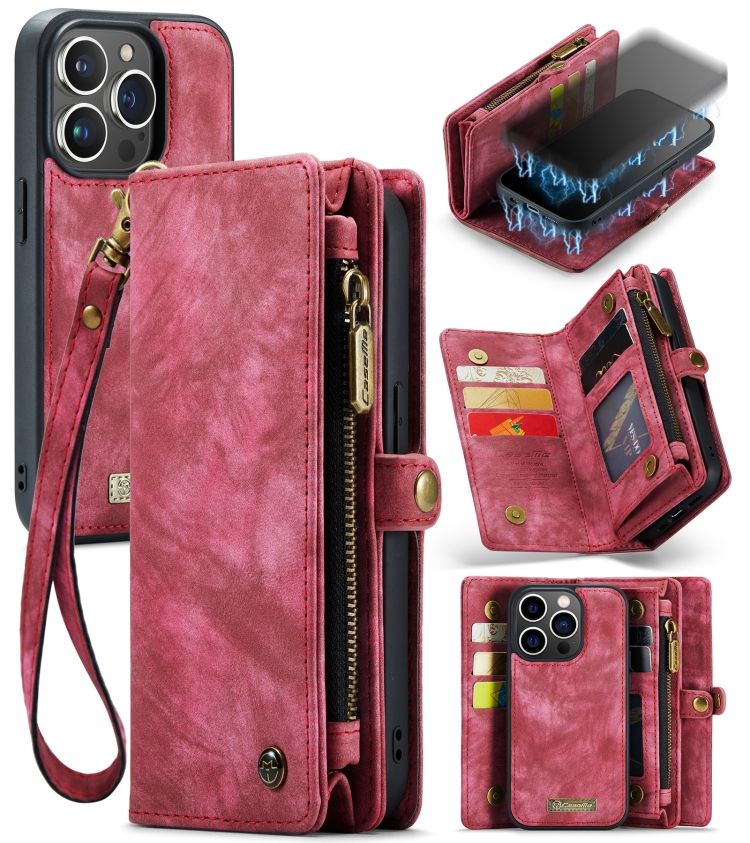 CaseMe-008 Detachable Multifunctional Horizontal Flip Leather Case with Card Slot & Holder & Zipper Wallet & Photo Frame For iPhone 13 Pro(Red)