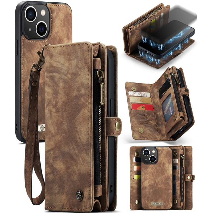 CaseMe-008 Detachable Multifunctional Horizontal Flip Leather Case with Card Slot & Holder & Zipper Wallet & Photo Frame For iPhone 13(Brown)