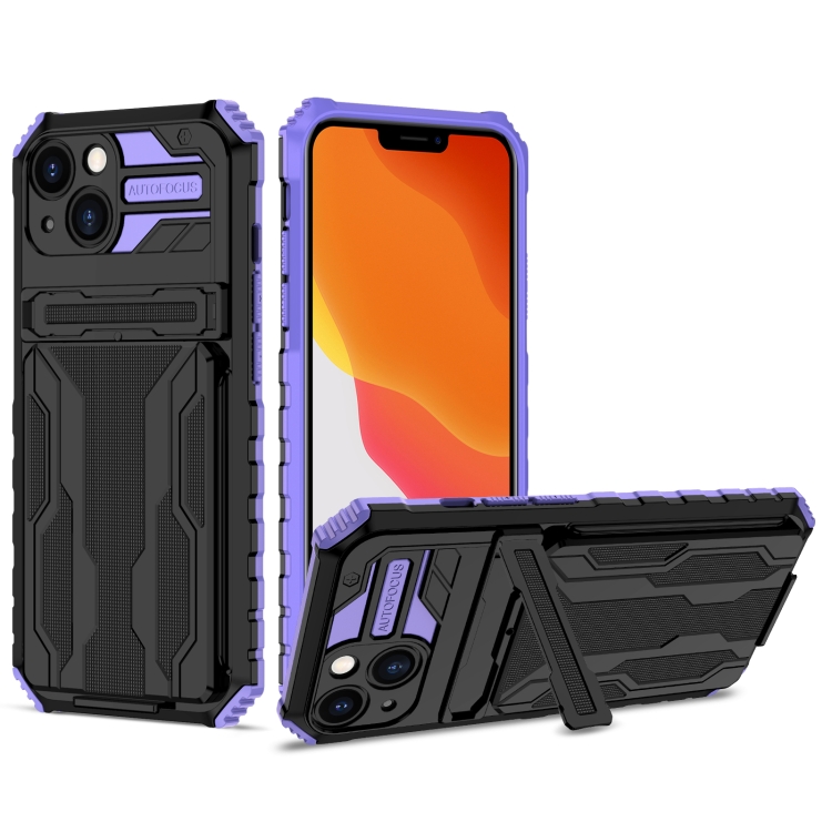 

Armor Card PC + TPU Shockproof Case with Card Slot & Invisible Holder For iPhone 13 mini(Purple)