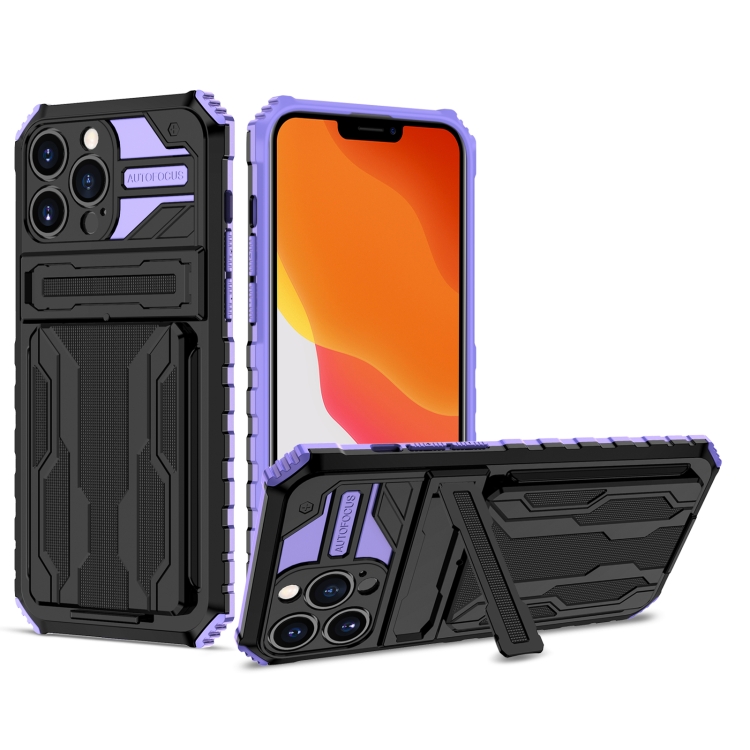 

Armor Card PC + TPU Shockproof Case with Card Slot & Invisible Holder For iPhone 13 Pro(Purple)