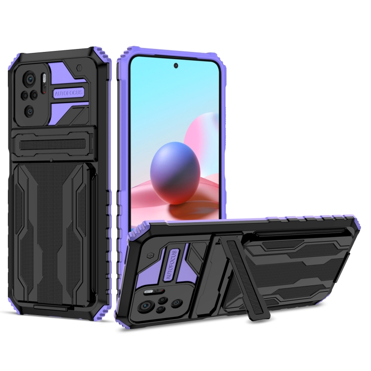 

For Xiaomi Redmi Note 10 4G Armor Card PC + TPU Shockproof Case with Card Slot & Invisible Holder(Purple)