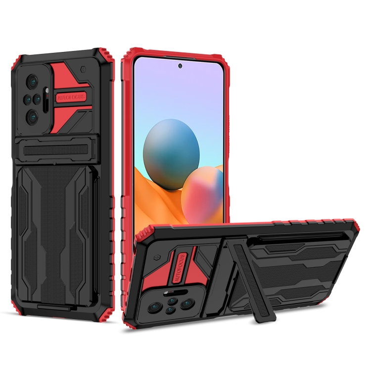 

For Xiaomi Redmi Note 10 Pro 4G Armor Card PC + TPU Shockproof Case with Card Slot & Invisible Holder(Red)