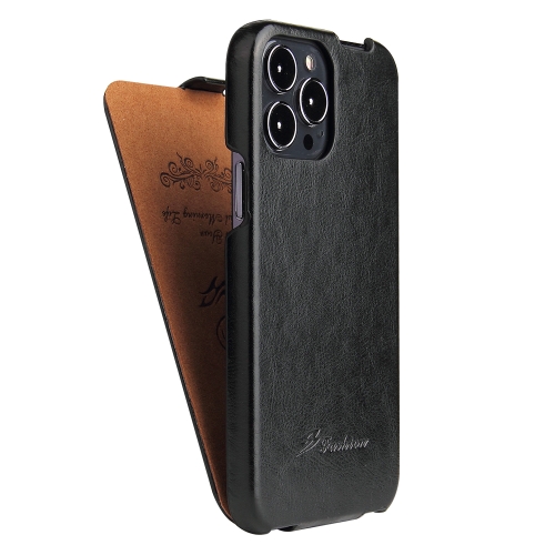 Fierre Shann Retro Oil Wax Texture Vertical Flip PU Leather Case For iPhone 13 Pro(Black)