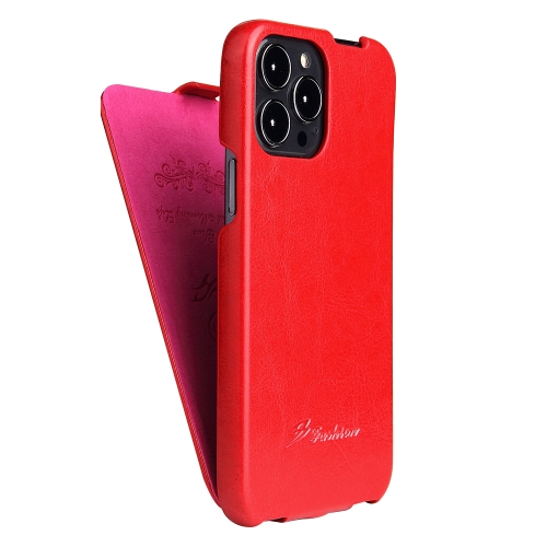 Fierre Shann Retro Oil Wax Texture Vertical Flip PU Leather Case For iPhone 13 Pro(Red)