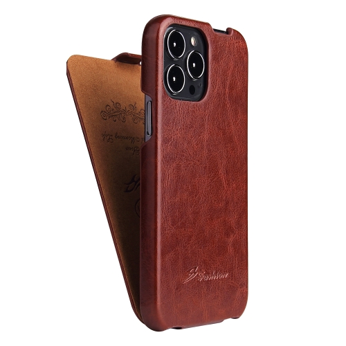 Fierre Shann Retro Oil Wax Texture Vertical Flip PU Leather Case For iPhone 13 Pro(Brown)