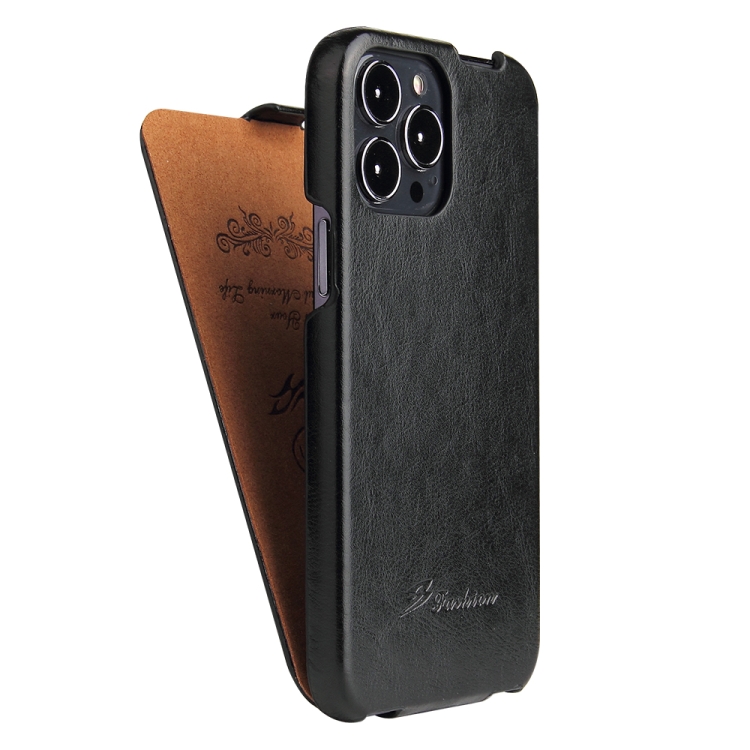 

Fierre Shann Retro Oil Wax Texture Vertical Flip PU Leather Case For iPhone 13 mini(Black)
