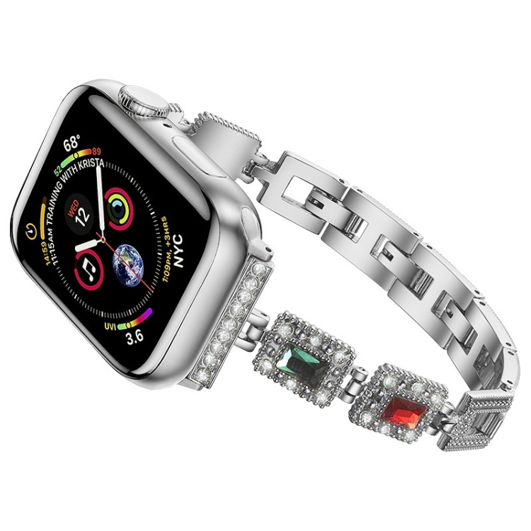 

Large Square Diamond Metal Replacement Strap Watchband For Apple Watch Series 6 & SE & 5 & 4 44mm / 3 & 2 & 1 42mm(Silver)
