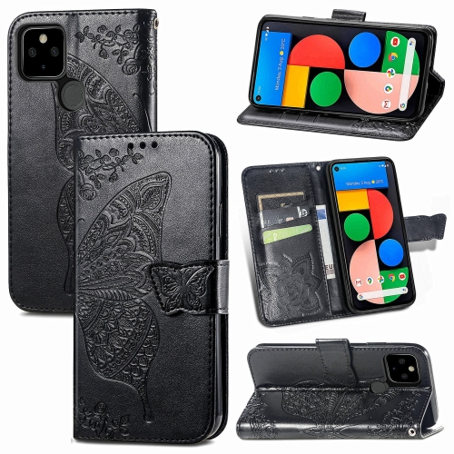 

Butterfly Love Flowers Embossed Horizontal Flip Leather Case with Holder & Card Slots & Wallet & Lanyard For Google Pixel 5A 5G(Black)