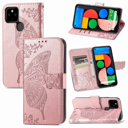 

Butterfly Love Flowers Embossed Horizontal Flip Leather Case with Holder & Card Slots & Wallet & Lanyard For Google Pixel 5A 5G(Rose Gold)