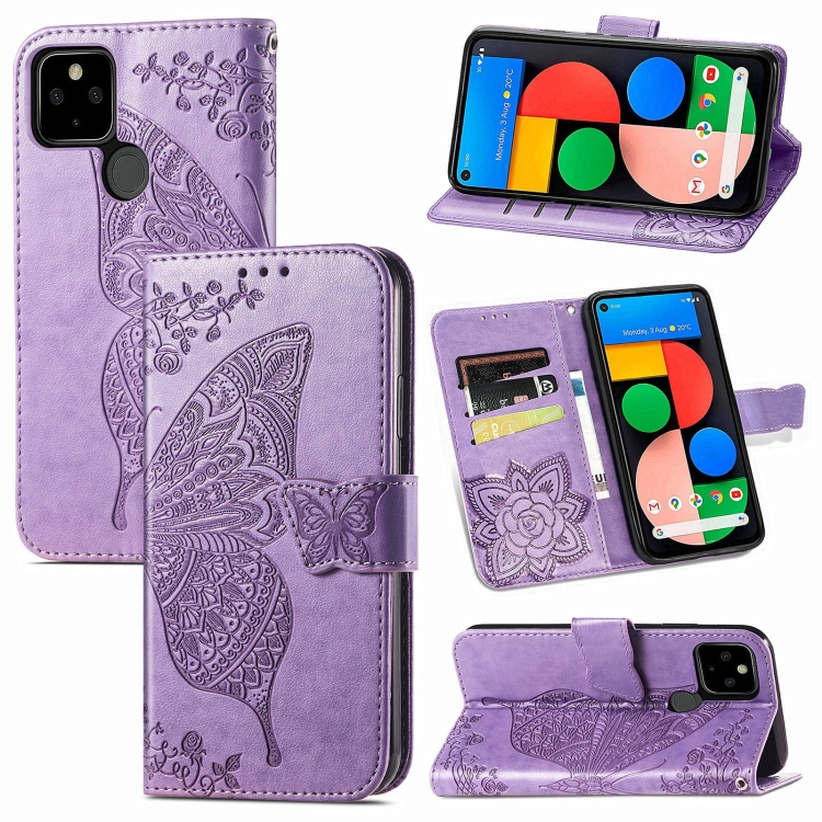 

Butterfly Love Flowers Embossed Horizontal Flip Leather Case with Holder & Card Slots & Wallet & Lanyard For Google Pixel 5A 5G(Light Purple)