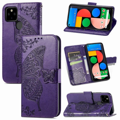 

Butterfly Love Flowers Embossed Horizontal Flip Leather Case with Holder & Card Slots & Wallet & Lanyard For Google Pixel 5A 5G(Dark Purple)