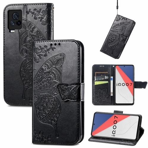 

Butterfly Love Flowers Embossed Horizontal Flip Leather Case with Holder & Card Slots & Wallet & Lanyard For vivo IQOO 7(Black)