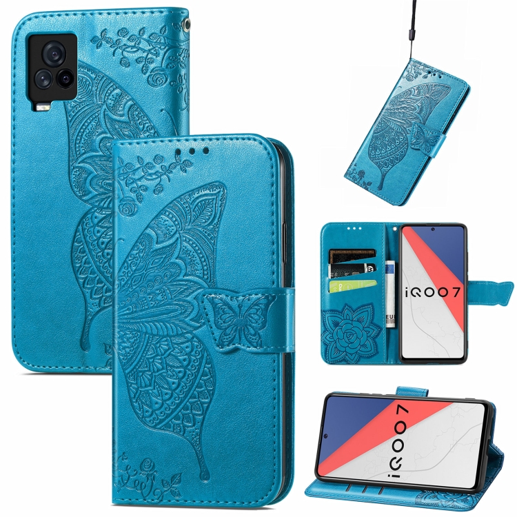 

Butterfly Love Flowers Embossed Horizontal Flip Leather Case with Holder & Card Slots & Wallet & Lanyard For vivo IQOO 7(Blue)