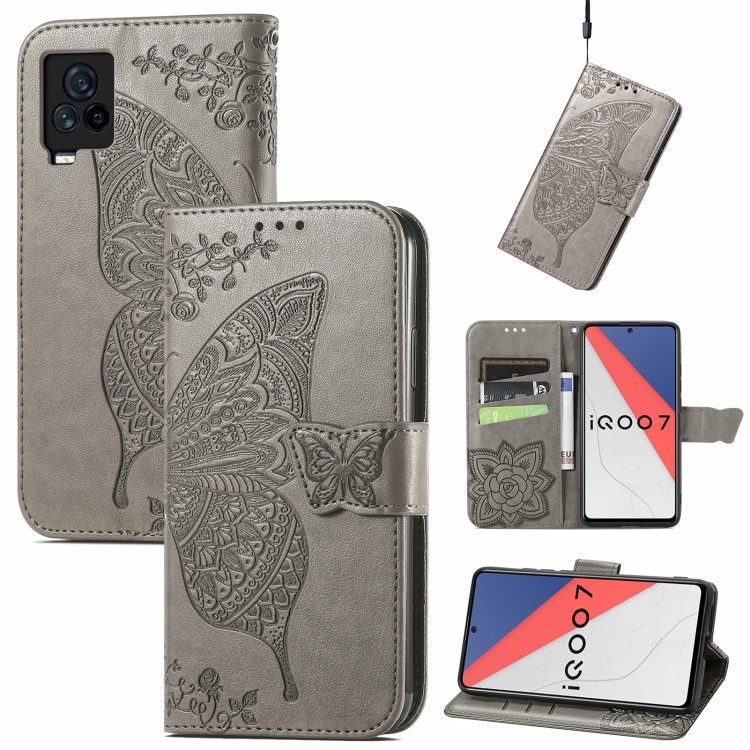 

Butterfly Love Flowers Embossed Horizontal Flip Leather Case with Holder & Card Slots & Wallet & Lanyard For vivo IQOO 7(Gray)