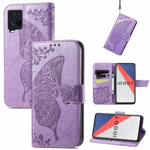 

Butterfly Love Flowers Embossed Horizontal Flip Leather Case with Holder & Card Slots & Wallet & Lanyard For vivo IQOO 7(Light Purple)