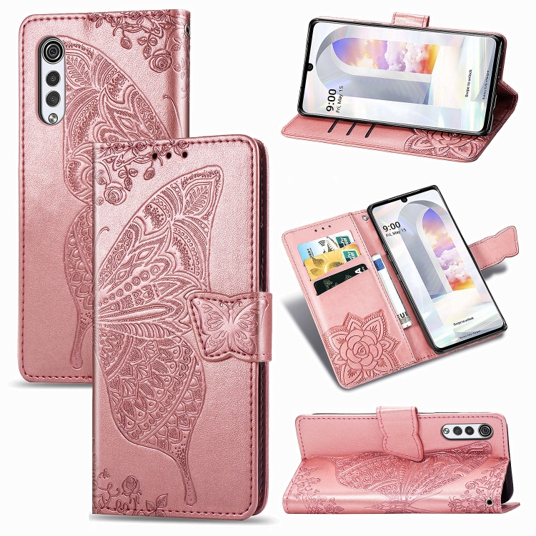 

Butterfly Love Flowers Embossed Horizontal Flip Leather Case with Holder & Card Slots & Wallet & Lanyard For LG Velvet 2 Pro(Rose Gold)