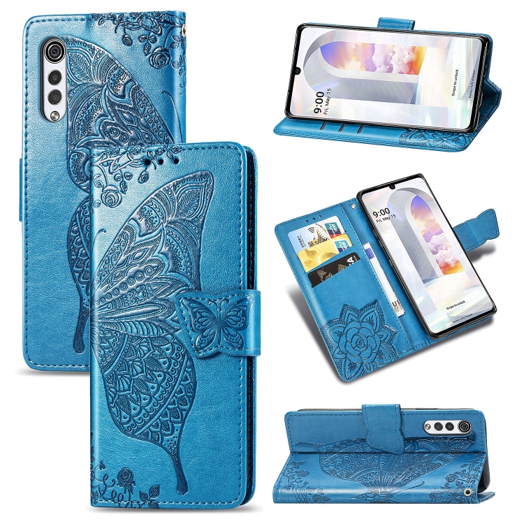 

Butterfly Love Flowers Embossed Horizontal Flip Leather Case with Holder & Card Slots & Wallet & Lanyard For LG Velvet 2 Pro(Blue)