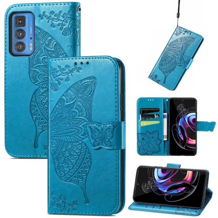 

Butterfly Love Flowers Embossed Horizontal Flip Leather Case with Holder & Card Slots & Wallet & Lanyard For Motorola Edge 20 Pro(Blue)