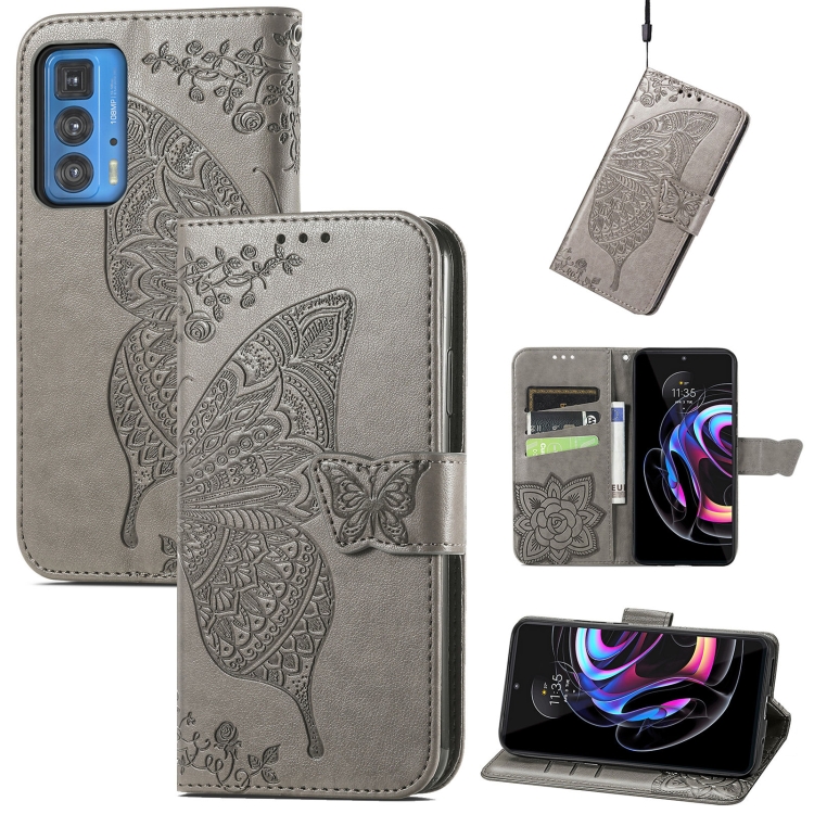 

Butterfly Love Flowers Embossed Horizontal Flip Leather Case with Holder & Card Slots & Wallet & Lanyard For Motorola Edge 20 Pro(Gray)