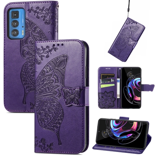 

Butterfly Love Flowers Embossed Horizontal Flip Leather Case with Holder & Card Slots & Wallet & Lanyard For Motorola Edge 20 Pro(Dark Purple)