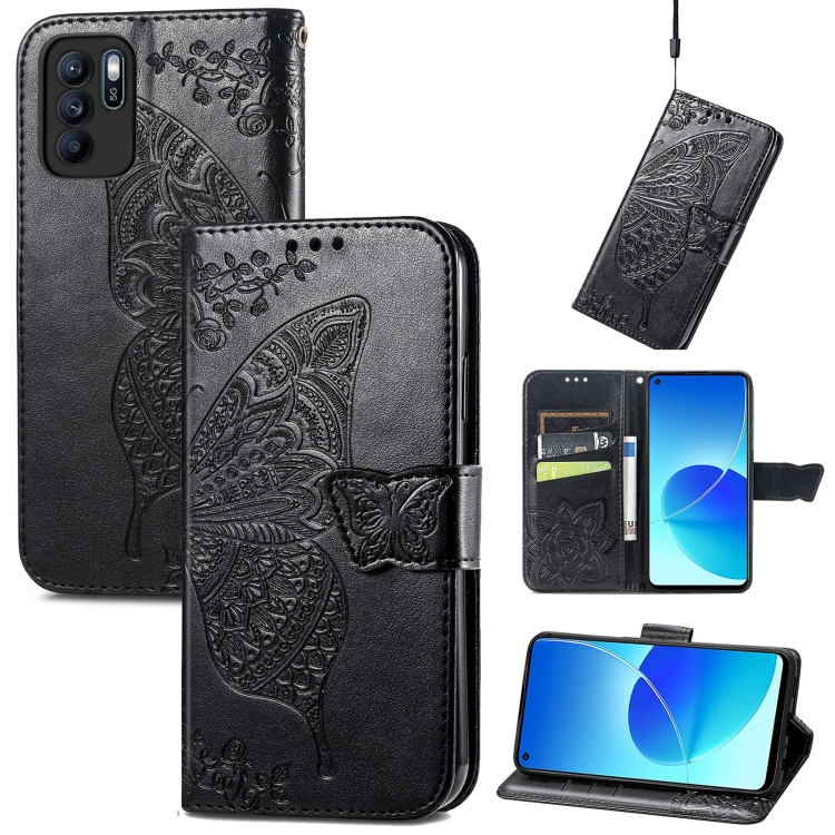 

Butterfly Love Flowers Embossed Horizontal Flip Leather Case with Holder & Card Slots & Wallet & Lanyard For OPPO Reno 6Z(Black)