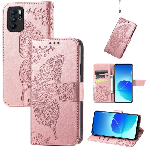 

Butterfly Love Flowers Embossed Horizontal Flip Leather Case with Holder & Card Slots & Wallet & Lanyard For OPPO Reno 6Z(Rose Gold)