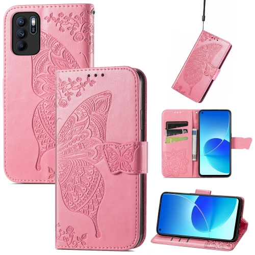 

Butterfly Love Flowers Embossed Horizontal Flip Leather Case with Holder & Card Slots & Wallet & Lanyard For OPPO Reno 6Z(Pink)